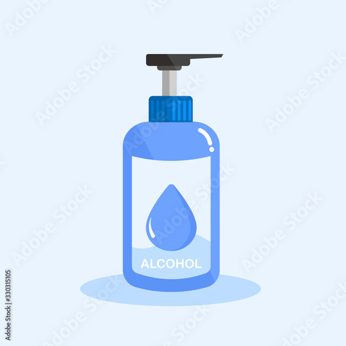 Vector of hand sanitizer pump bottle or medicine disinfection, alcohol gel for cleaning washing hands on isolated light blue background illustration.