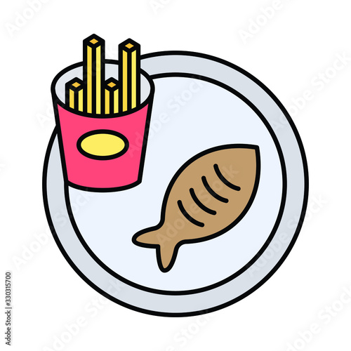 Fish and Bucket of french fries in Plate concept, Patato Chips and Seafood Cuisine Vector Color Icon design