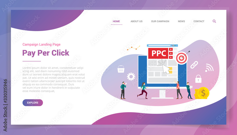 ppc pay per click or paid per click for website template or landing homepage design campaign