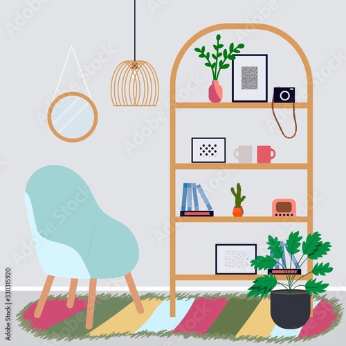 Scandinavian interior in Hygge style. interior stylish comfy furniture and home decoration, hugge table and Lounge chairs, cozy home concept. Cartoon vector illustration. Trendy Scandinavian style.