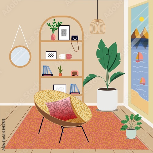 Cartoon Scandinavian interior in the style of Hygge.Fashionable interior is stylish, comfortable livingroom, furniture,home decoration, deck chairs with pillow, plants and window,cozy home concept.