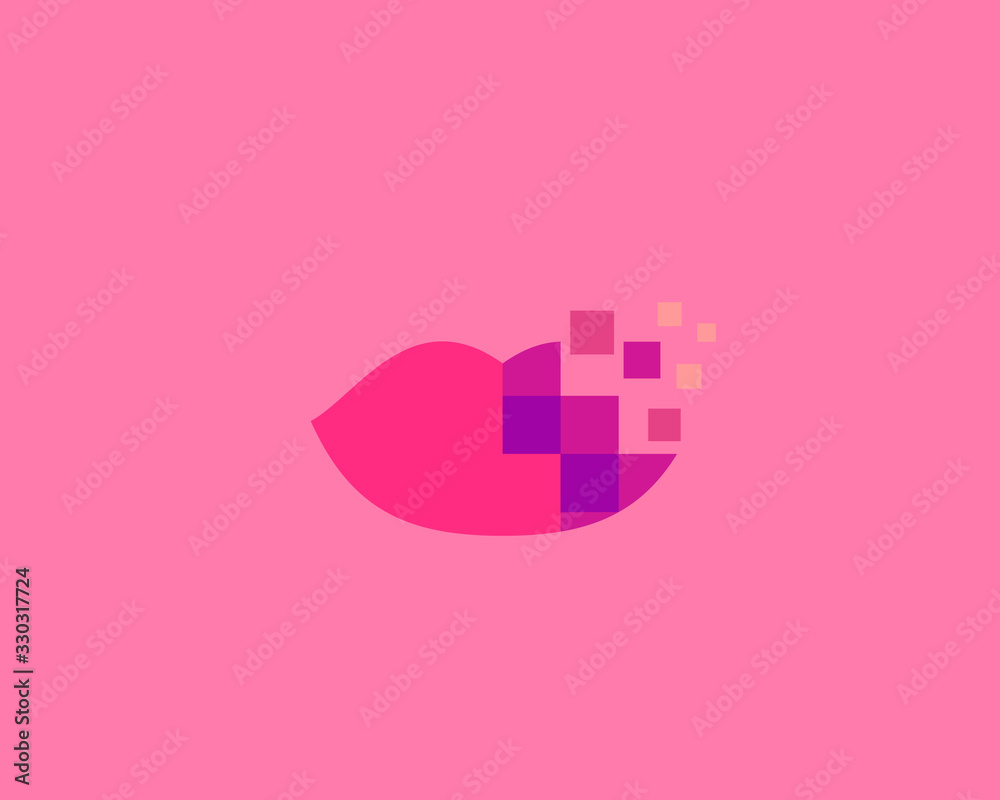 Abstract pixel lips logo icon design modern digital style illustration. Motion pixel flow vector emblem sign symbol mark logotype