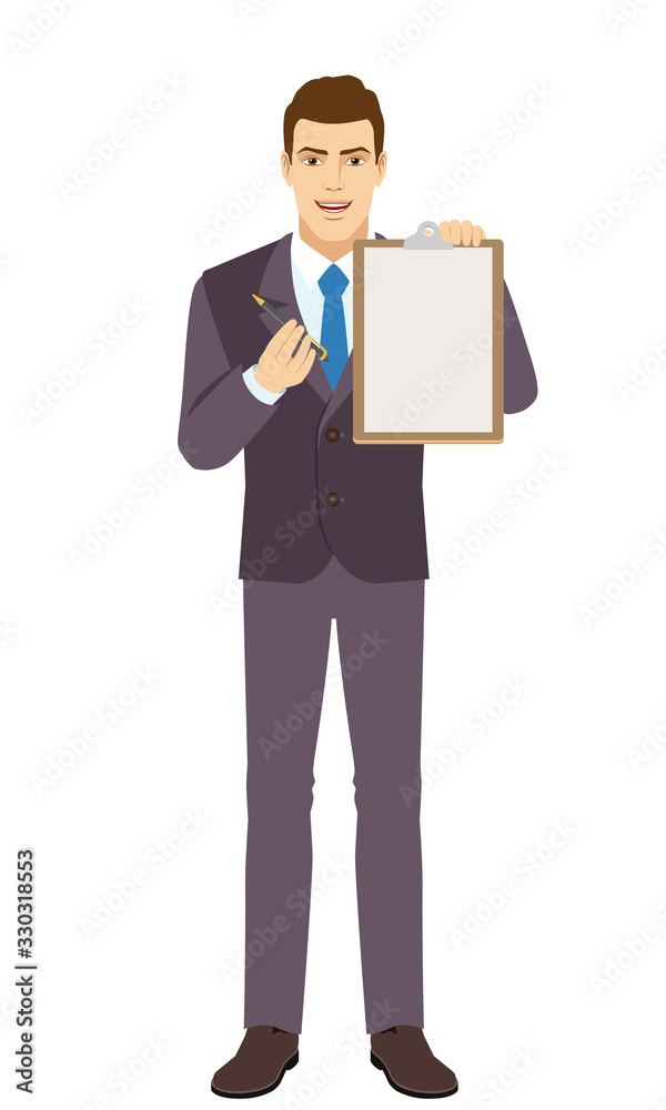 Smiling Businessman giving pen for your signature on clipboard. Full length portrait of Businessman in a flat style. Smiling Businessman giving pen for your signature on clipboard. Full length portrait of Businessman in a flat style.