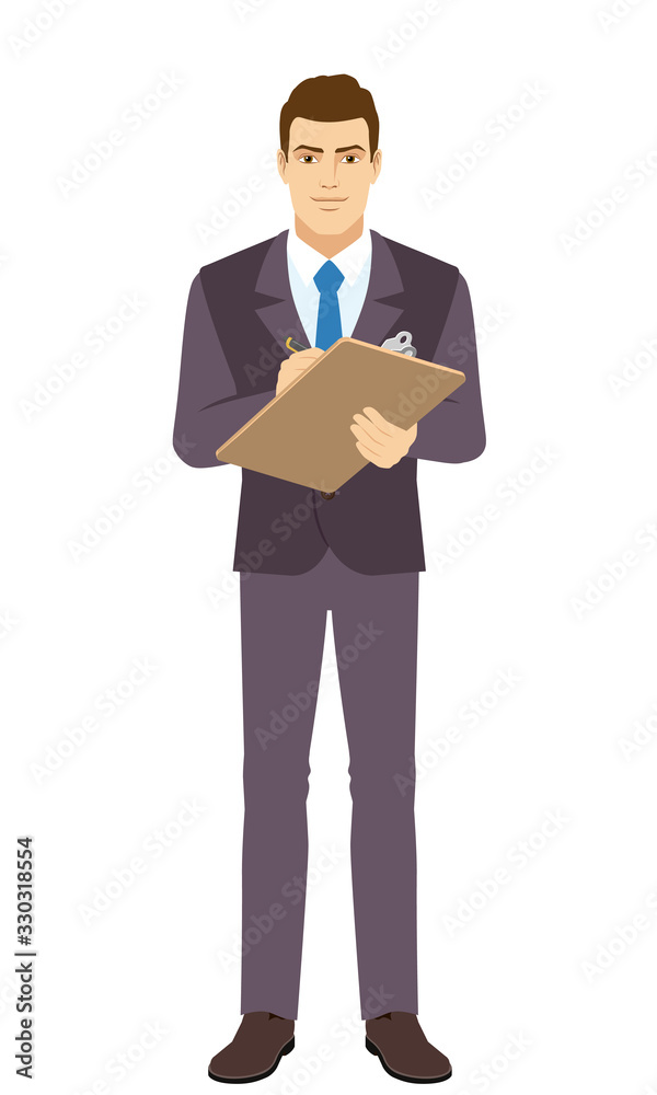Smiling Businessman writes on the clipboard closeup. Full length portrait of Businessman in a flat style. Smiling Businessman writes on the clipboard closeup. Full length portrait of Businessman in a flat style.