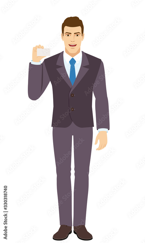 Smiling Businessman shows the business card. Full length portrait of Businessman in a flat style. Smiling Businessman shows the business card. Full length portrait of Businessman in a flat style.