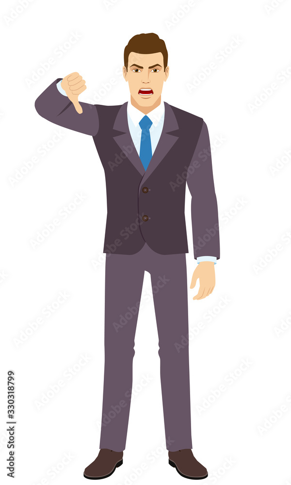 Angry Businessman showing thumb down gesture as rejection symbol. Full length portrait of Businessman in a flat style.