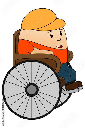 Character is sitting on a wheelchair. A man in a cap, rehabilitation after illness. Isolated on a white. Disability after injury.