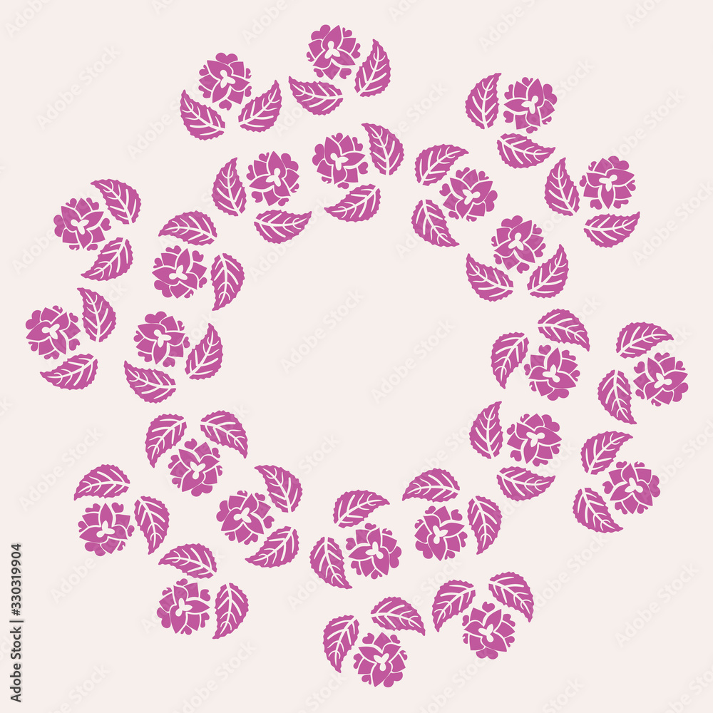 Pink flowers wreath vector illustration. Decorative girly flora wreat with space inside for your text. Great for greeting cards, invitations, tags and labels.