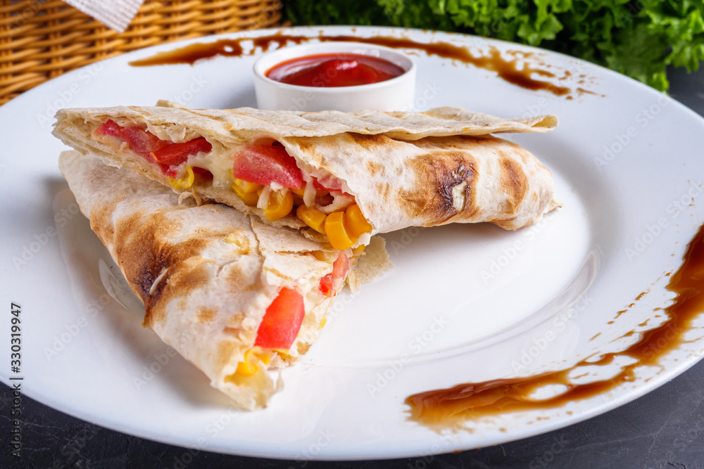 pita meat roll with chicken meat tomato cheese and corn pita meat roll with chicken meat tomato cheese and corn
