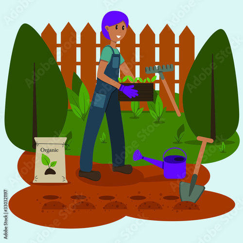 Vector illustration of a smiling young man planting seedlings. Against the background of trees, holes, garden tools. Seasonal work on the farm or in the garden. Illustration for books, magazines.