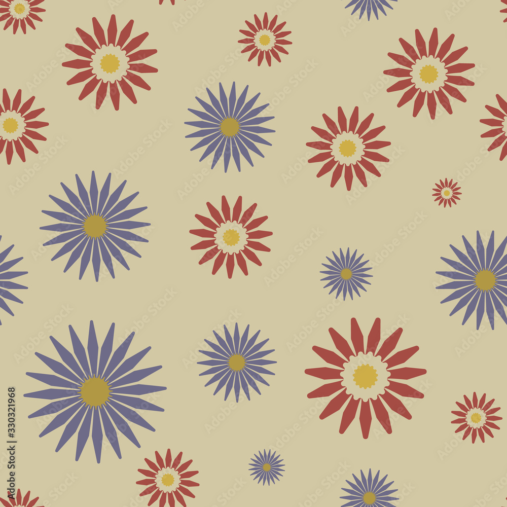 Cute colorful seamless pattern with simple red and blue flowers