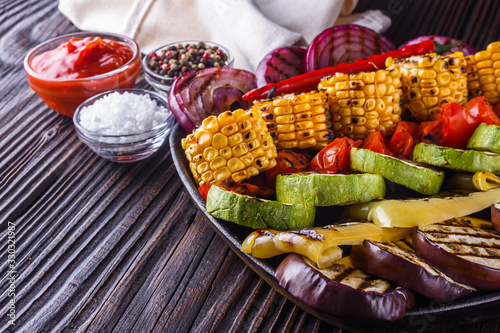 appetizing fresh grilled vegetables in a cast iron skillet