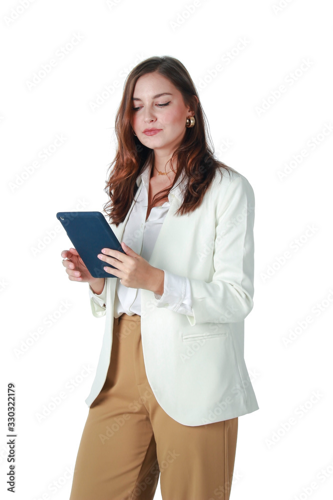 Portrait of young beautiful woman holding digital tablet isolated on white background, smart confident business working female concept. Portrait of young beautiful woman holding digital tablet isolated on white background, smart confident business working female concept.