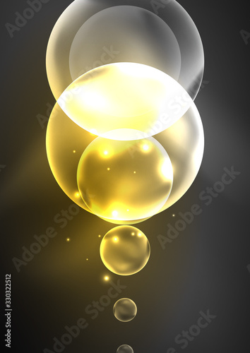 Glowing neon shiny transparent bubbles, glass circles or bio cell concept. Techno futuristic vector abstract background For Wallpaper, Banner, Background, Card, Book Illustration, landing page