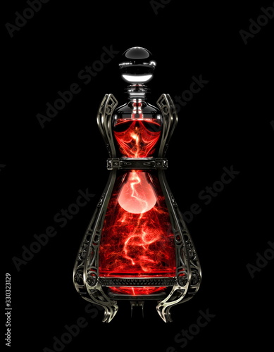mysterious red bottle with alchemical potion photo