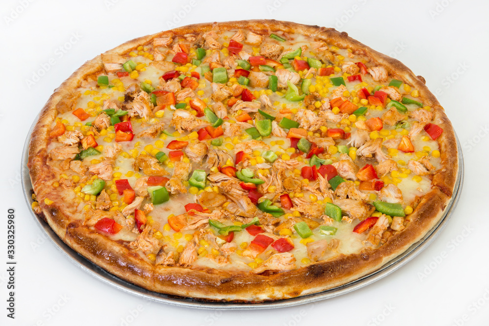 Chicken pizza with vegetables and cheese on a dish on a white background Chicken pizza with vegetables and cheese on a dish on a white background