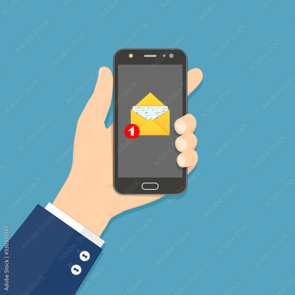 Hand holding smartphone with email icon. Flat style design vector illustration. Hand holding smartphone with email icon. Flat style design vector illustration.