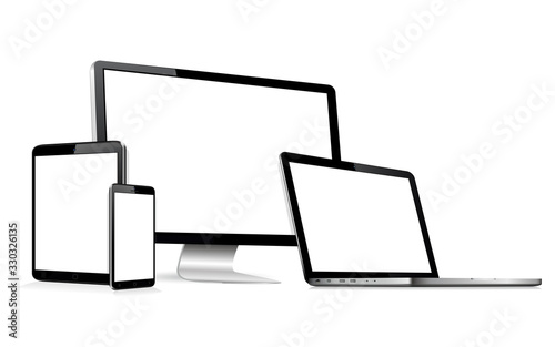 Responsive web design computer display, laptop, tablet pc with mobile phone isolated