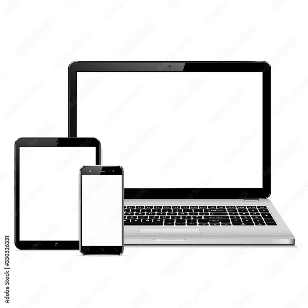 Mockup of laptop, tablet pc and mobile phone with blank screen. Responsive web design devices. Mockup of laptop, tablet pc and mobile phone with blank screen. Responsive web design devices.