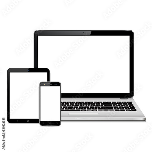 Mockup of laptop, tablet pc and mobile phone with blank screen. Responsive web design devices.