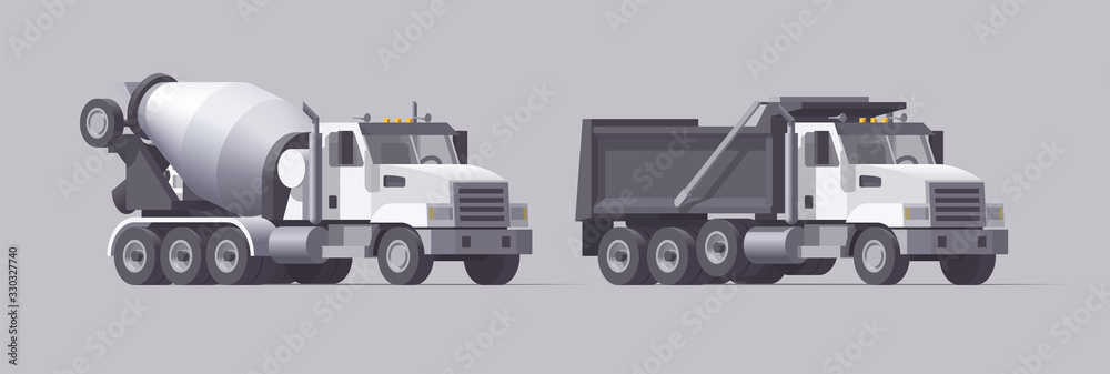 Vector concrete mixer truck & dump truck. Isolated american cement