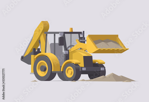 Vector backhoe loader lifting sand. Isolated tactor excavator. Illustration