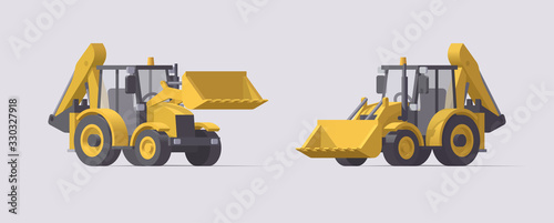 Vector backhoe loader set. Isolated tactors excavators. Illustration