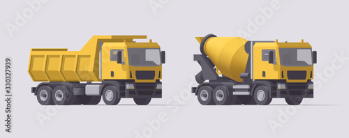 Vector dump truck & concrete mixer truck. Isolated cement truck. Heavy empty truck. Illustration