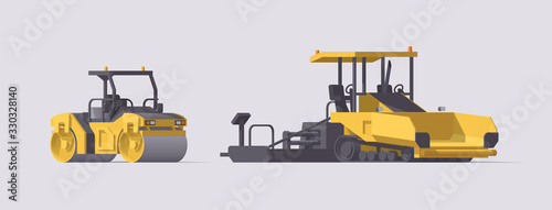 Vector asphalt compactor set. Road roller & asphalt paver. Isolated illustration