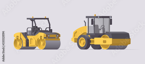Vector road roller set. Isolated vibratory asphalt & soil compactors. Illustration