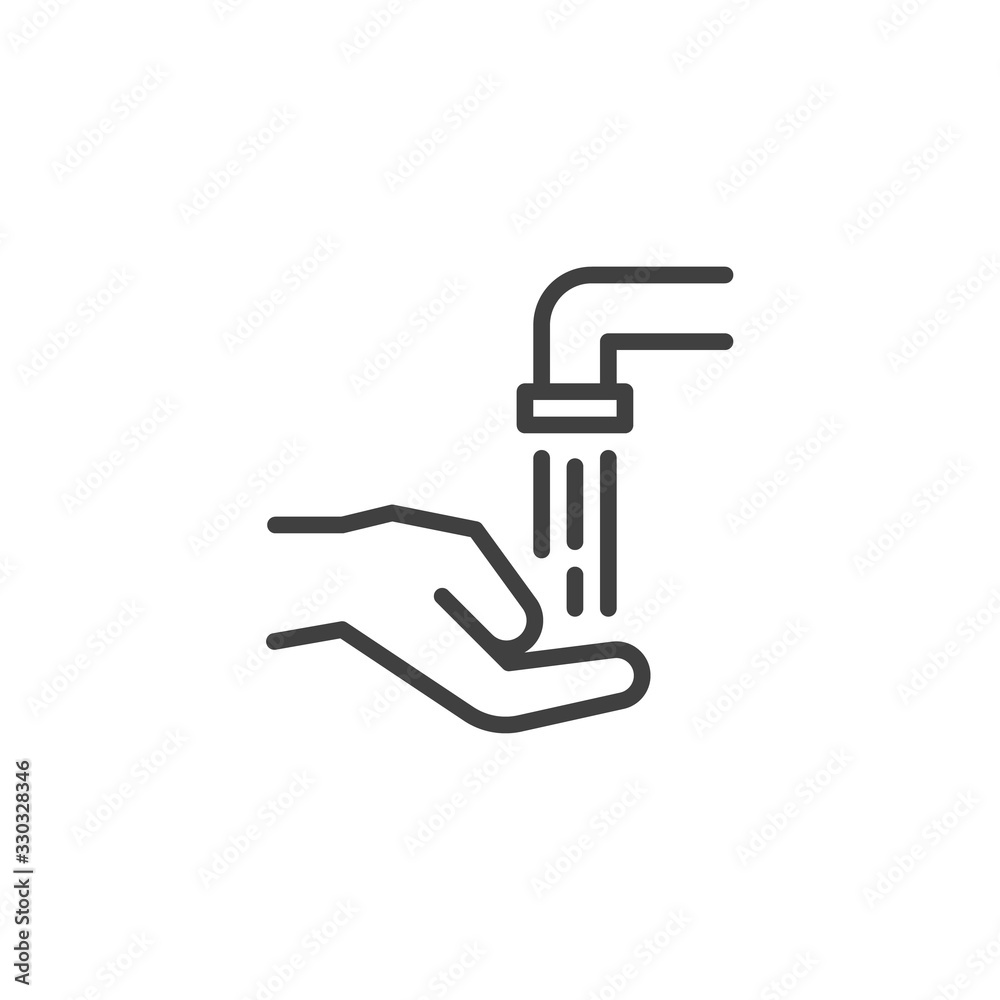 Washing hands line icon. linear style sign for mobile concept and web design. Hand and water faucet outline vector icon. Hygiene symbol, logo illustration. Vector graphics Washing hands line icon. linear style sign for mobile concept and web design. Hand and water faucet outline vector icon. Hygiene symbol, logo illustration. Vector graphics