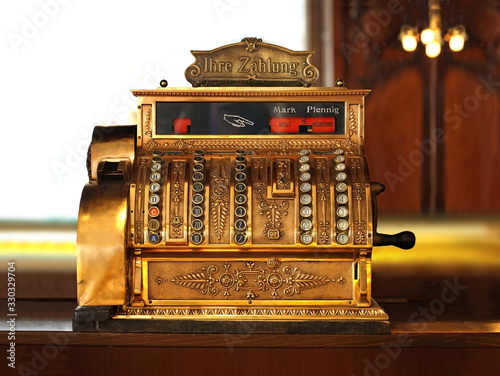 Historic cash register showing amounts in Mark and Pfennig (former German currency)