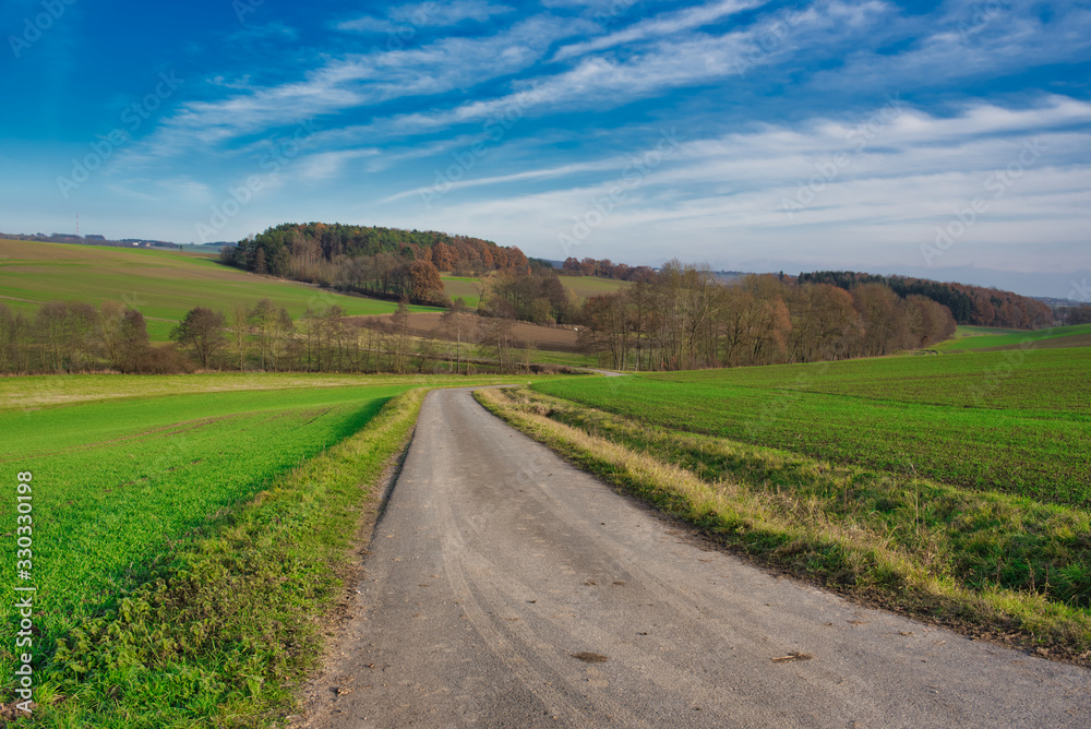 Feldweg Felder und Wald im Herbst