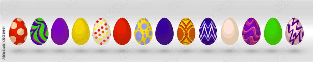 Vector illustration Happy Easter. Happy easter eggs. Set of Easter eggs with different texture on a white background. Spring holiday. Set of easter eggs with geometric and floral ornaments