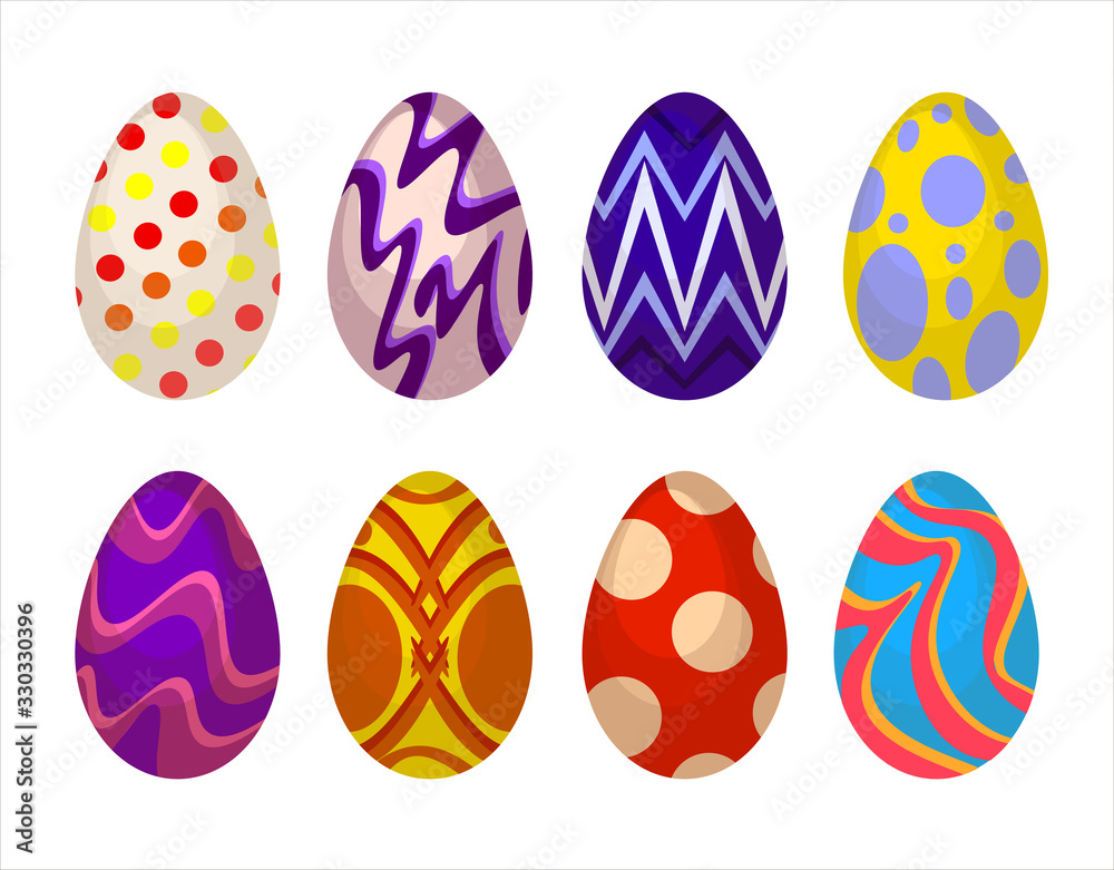 Vector illustration Happy Easter. Happy easter eggs. Set of Easter eggs with different texture on a white background. Spring holiday. Set of easter eggs with geometric and floral ornaments