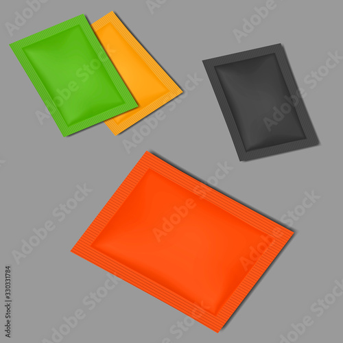 Sachet packet color set, vector illustration. Individual packaging pouch. Easy to recolor