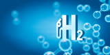 Stilisierte Wasserstoff-Moleküle mit Logo in blauem Hintergrund