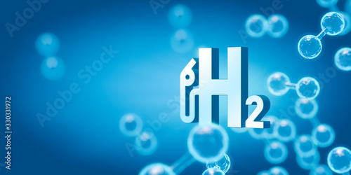 Stilisierte Wasserstoff-Moleküle mit Logo in blauem Hintergrund