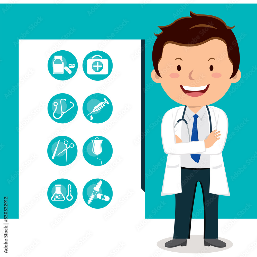 Cheerful doctor with medical icons Cheerful doctor with medical icons