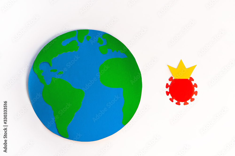 Earth planet fight with Coronavirus disease pandemic on white background isolated. World Corona virus 2019 nCoV danger attack concept. Red paper molecule COVID-2019 infection in crown. Medical banner.
