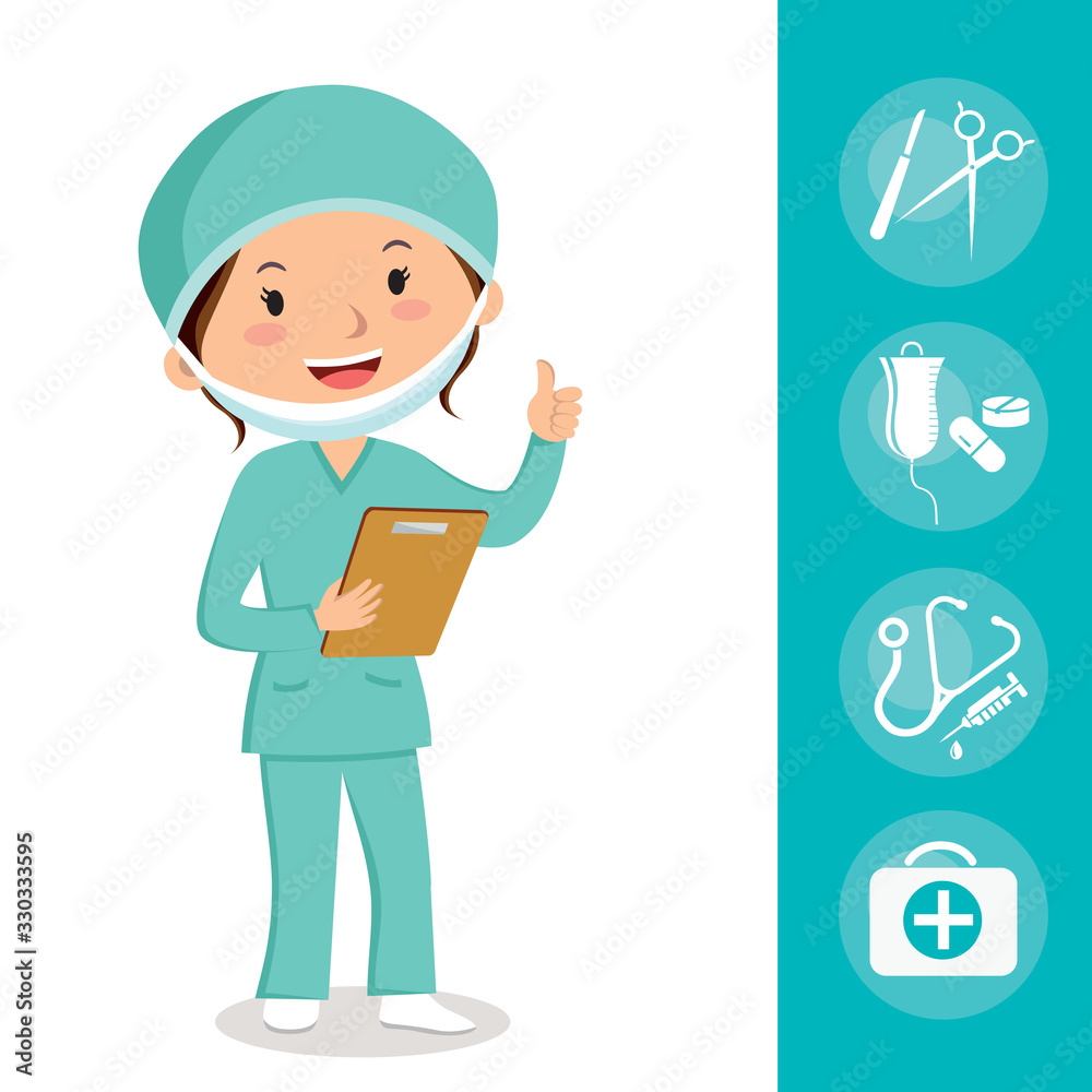 Female surgeon. Cheerful surgeon with medical icons. Female surgeon. Cheerful surgeon with medical icons.