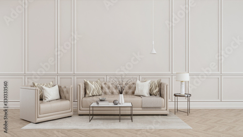 Modern classic interior.Sofa,armchair,side table with lamps.White wall and wooden floor with carpet. 3d rendering