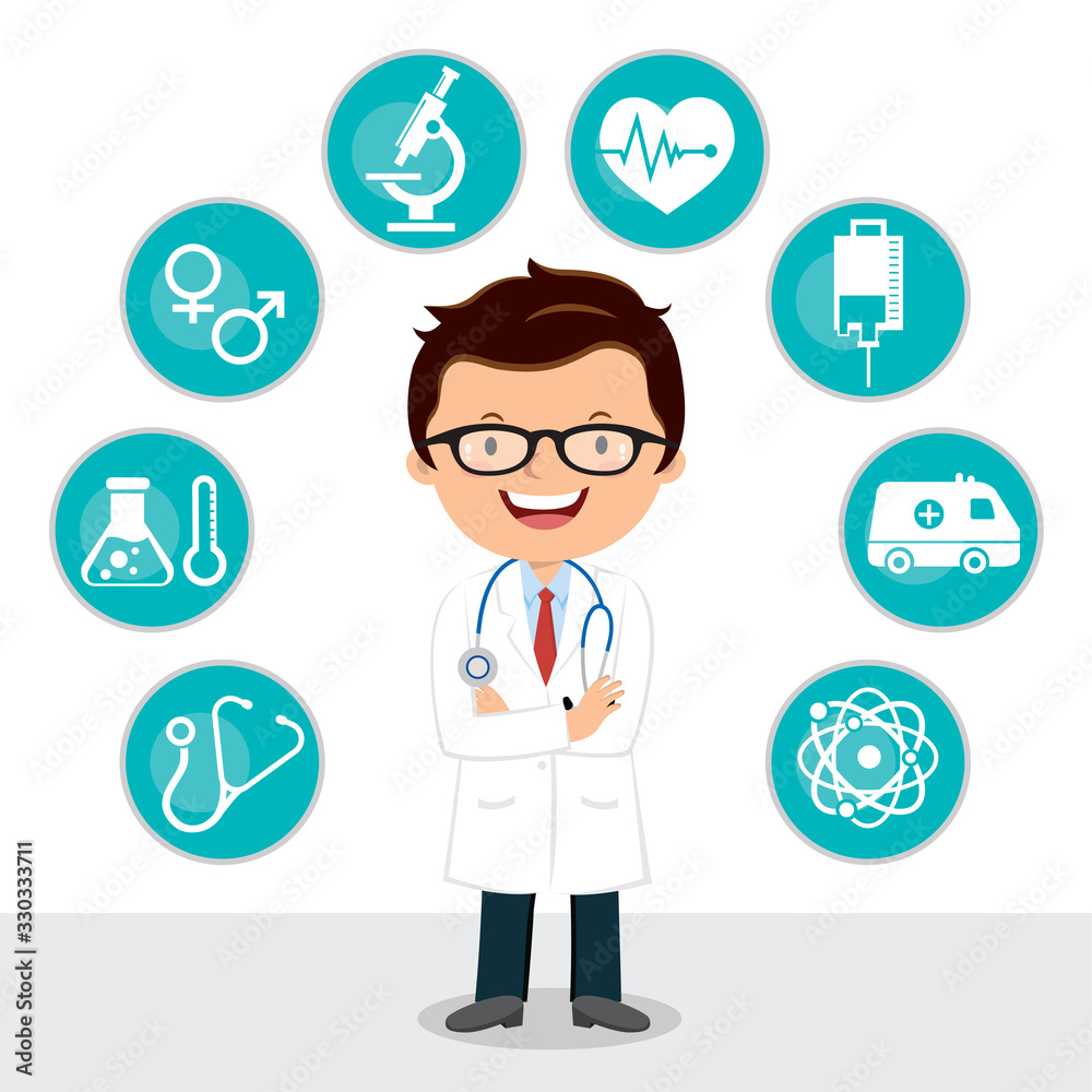 Confident male doctor with folded arms. Vector illustration of medical icon set. Confident male doctor with folded arms. Vector illustration of medical icon set.