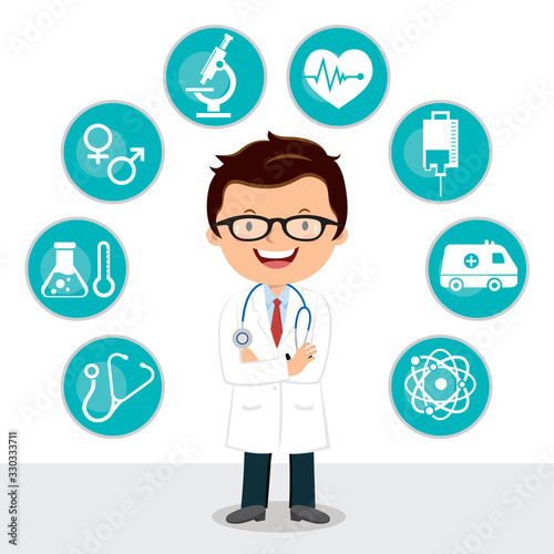 Confident male doctor with folded arms. Vector illustration of medical icon set.