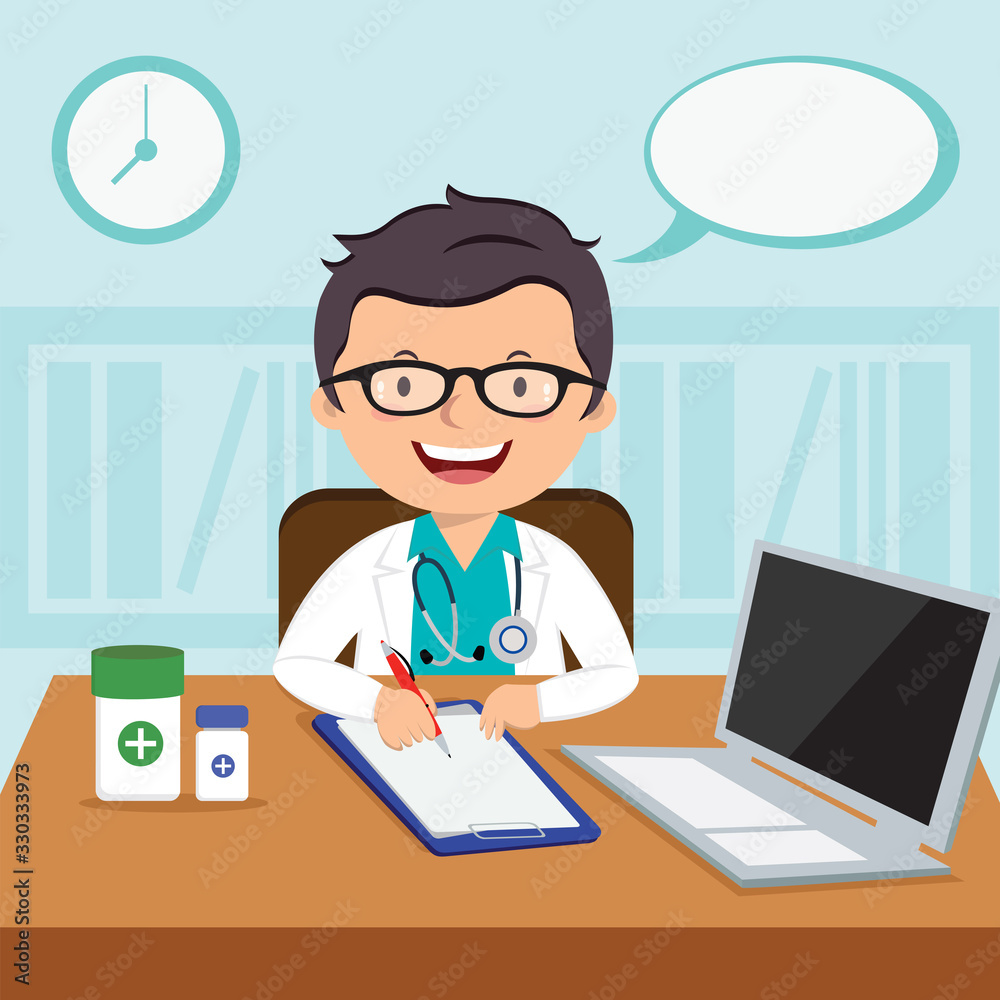 Male general practitioner. Vector illustration of a smiling doctor or family practitioner.