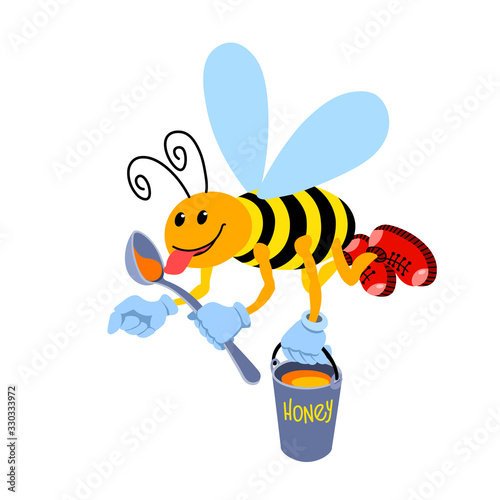 yellow worker bee flies with a spoon & a bucket of honey, a funny character with a smile & red shoes, color vector illustration isolated on a white background in cartoon, flat & hand drawn style