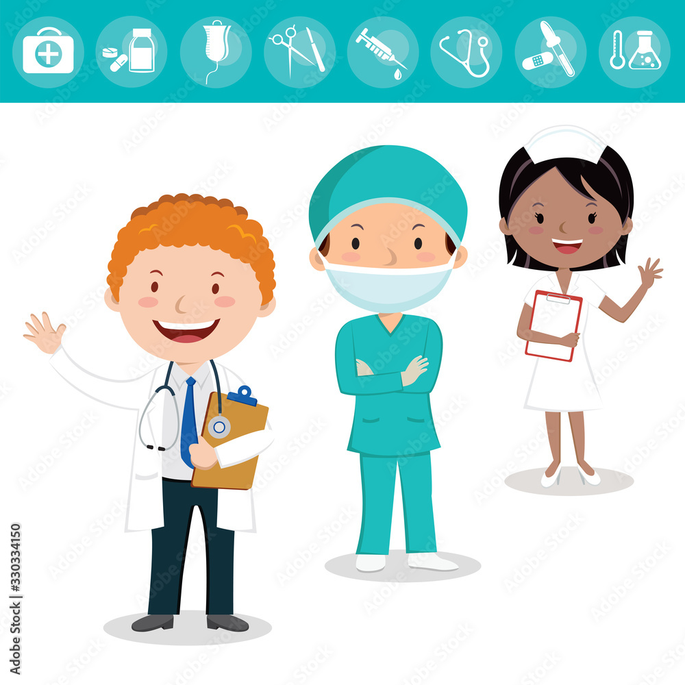 PrHealth care team. Cheerful medical team of doctors and nurses and surgeon.int