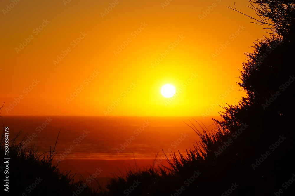 Sunset of Piha Beach Sillouette. Orange Sun