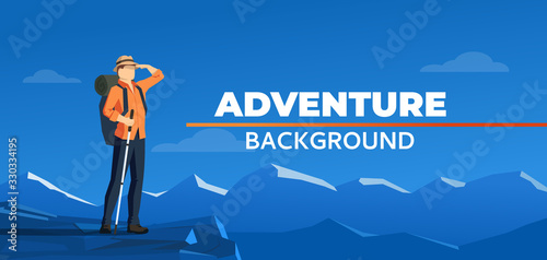 Hiker at the top of the mountain looking into the distance. Adventure in the mountainous terrain. Concept of exploration, hiking, adventure, journey. Vector illustration. Flat style.
