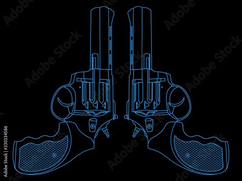 Two symmetric blue contour revolvers on black background